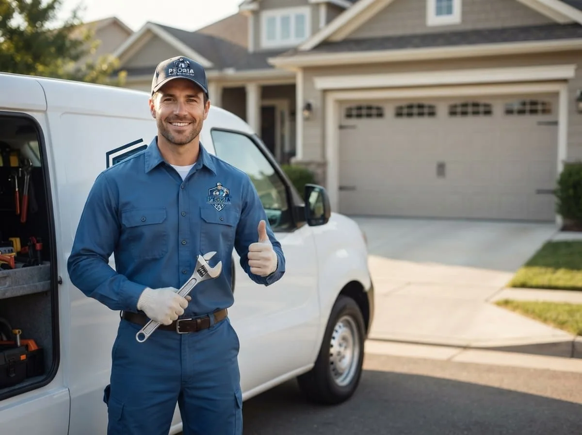 Technician repairing a garage door torsion spring at a home in Morton, Illinois