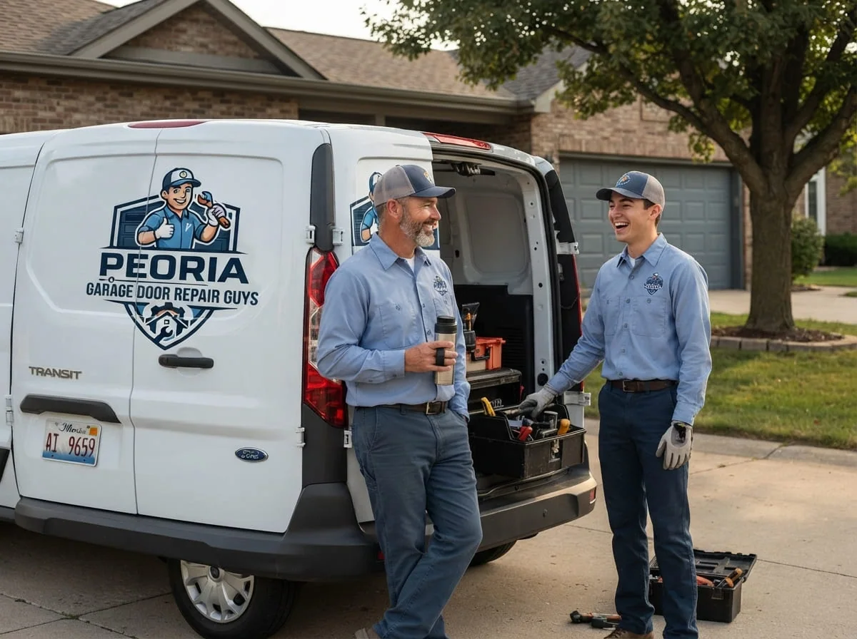Garage Door Repair in North Valley, Peoria Technician repairing a garage door torsion spring in North Valley near Sheridan Road, Peoria, IL