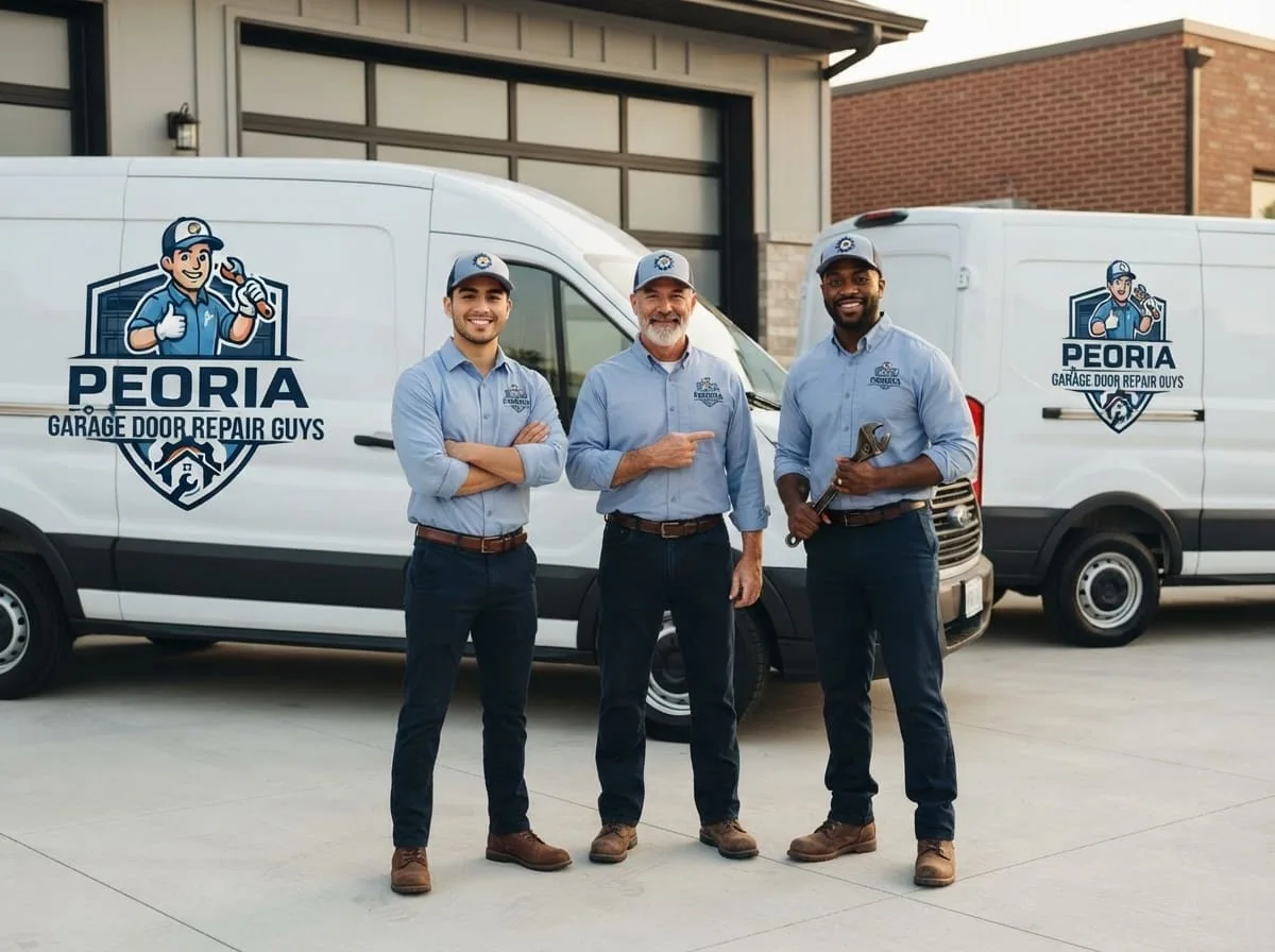 Technician repairing a garage door on a bluff-top home near Grand View Drive in Peoria Heights, IL
