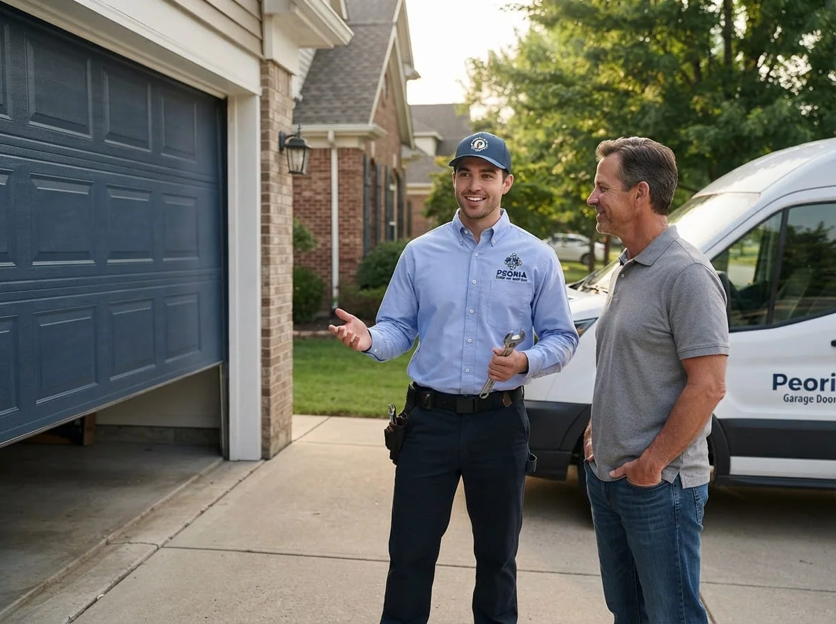 Technician repairing a sectional garage door on a home in Peoria, IL