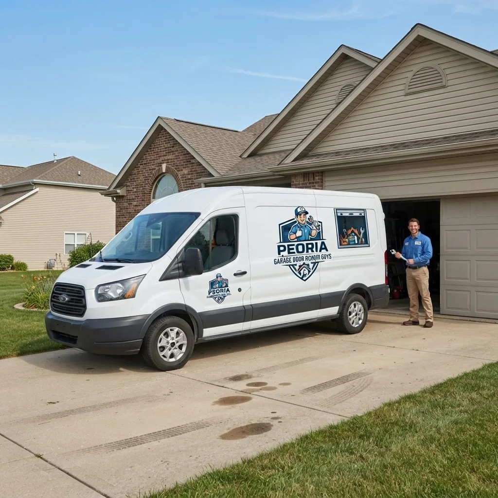 Technician repairing a garage door on an alley-facing detached garage in the Uplands neighborhood of Peoria, IL