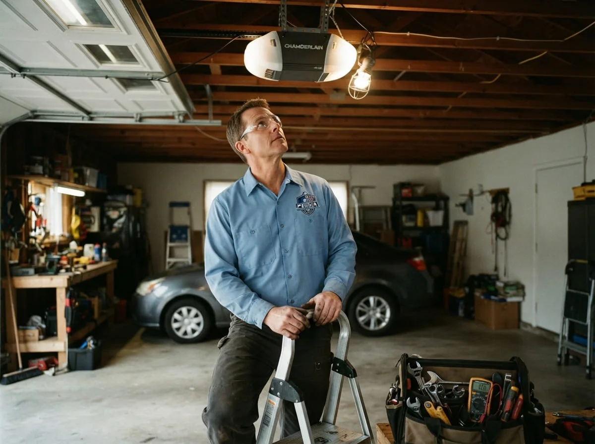 Homeowner crouched beside a garage door in Peoria, IL that has stopped partway through closing