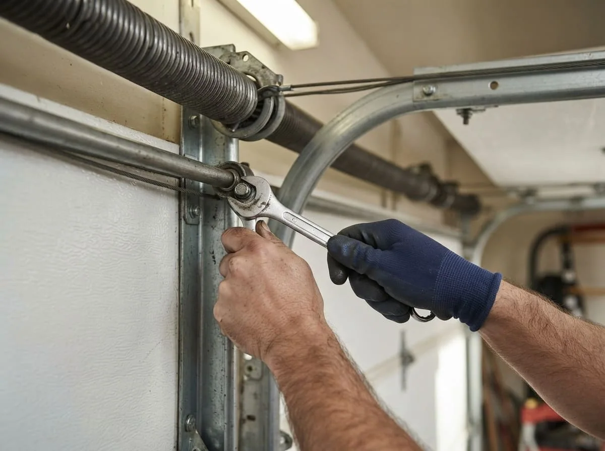 Garage door technician inspecting a torsion spring shaft above a residential garage door